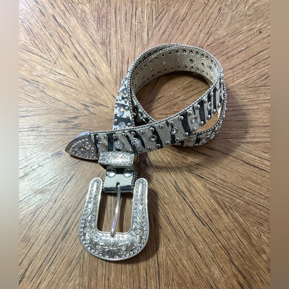 Western Zebra Print Leather Belt with Rhinestone & Studs - Size 28-34” - Picture 2 of 11